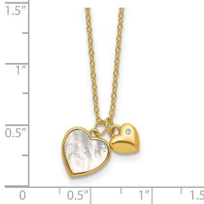 Sterling Silver Gold-tone Polished Mother of Pearl and CZ Hearts 14 Inch with 3 Inch Extension Children's Necklace