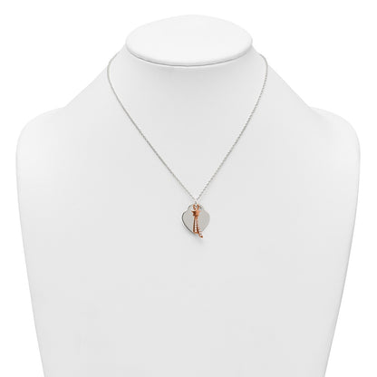Sterling Silver with Rose-tone Polished White CZ Heart and Shooting Star Dangle 16 inch Necklace