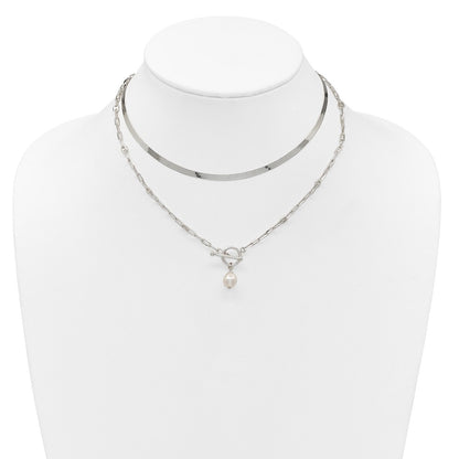Sterling Silver Polished Baroque White Crystal Pearl Multi-strand 14 inch with 2 inch Extension Necklace