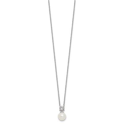 Sterling Silver Rhodium-plated Polished CZ and 7-8mm Shell Pearl 15.5 inch with 2 inch Extender Necklace