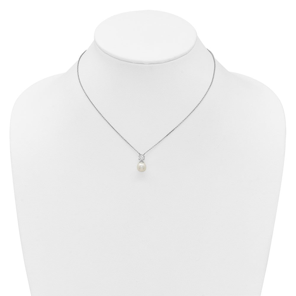 Sterling Silver Rhodium-plated Polished CZ and 7-8mm Shell Pearl 15.5 inch with 2 inch Extender Necklace