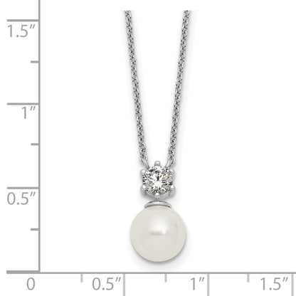 Sterling Silver Rhodium-plated Polished CZ and 7-8mm Shell Pearl 15.5 inch with 2 inch Extender Necklace