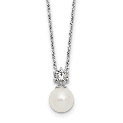 Sterling Silver Rhodium-plated Polished CZ and 7-8mm Shell Pearl 15.5 inch with 2 inch Extender Necklace