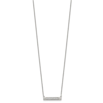 Sterling Silver Polished Pave CZ Rounded Bar 16 Inch with 2 Inch Extension Necklace