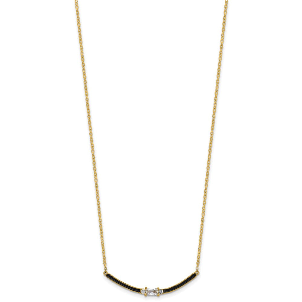 Sterling Silver Gold-tone Polished Black Enameled and CZ Curved Bar 16 Inch with 2 Inch Extension Necklace