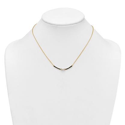 Sterling Silver Gold-tone Polished Black Enameled and CZ Curved Bar 16 Inch with 2 Inch Extension Necklace
