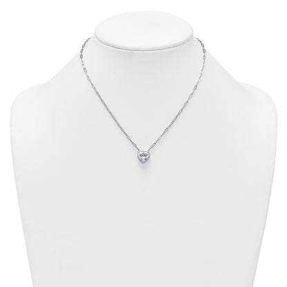 Sterling Silver Rhodium-plated Polished Heart CZ with Paperclip Chain 16 inch with 1.75 inch Extension Necklace