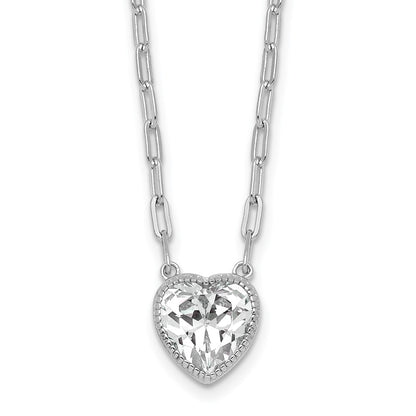 Sterling Silver Rhodium-plated Polished Heart CZ with Paperclip Chain 16 inch with 1.75 inch Extension Necklace