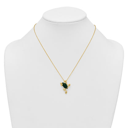 Sterling Silver Gold-tone CZ and Lab Created Malachite Frog 18 inch Necklace
