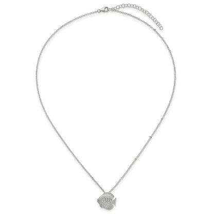 Sterling Silver Polished and Grooved CZ Fish 16 Inch with 2 Inch Extension Necklace