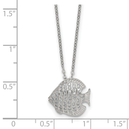 Sterling Silver Polished and Grooved CZ Fish 16 Inch with 2 Inch Extension Necklace