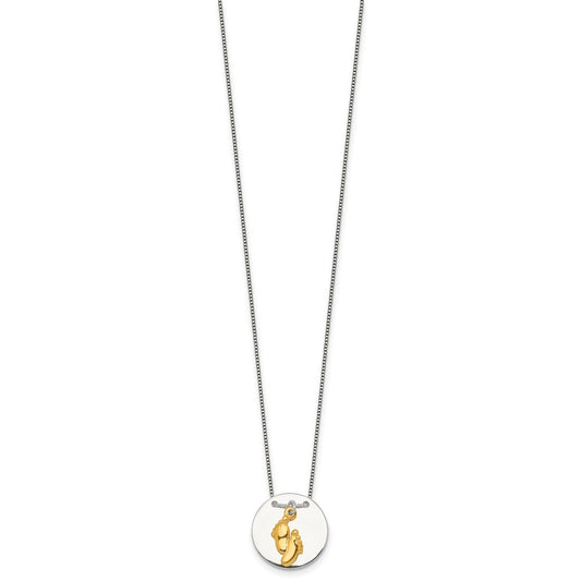 Sterling Silver with Gold-tone Polished Footprint Dangle on Disc 16 inch Necklace