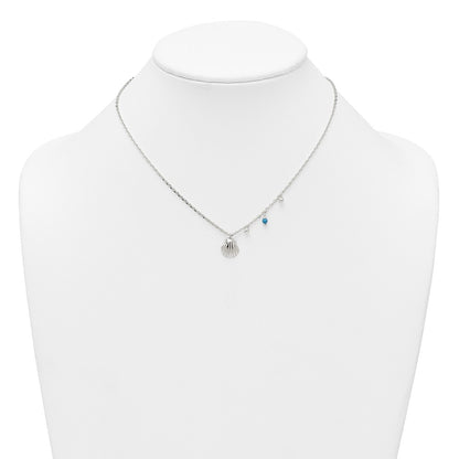 Sterling Silver Polished Beaded Turquoise and Grooved Seashell 16 inch with 2 inch Extension Necklace