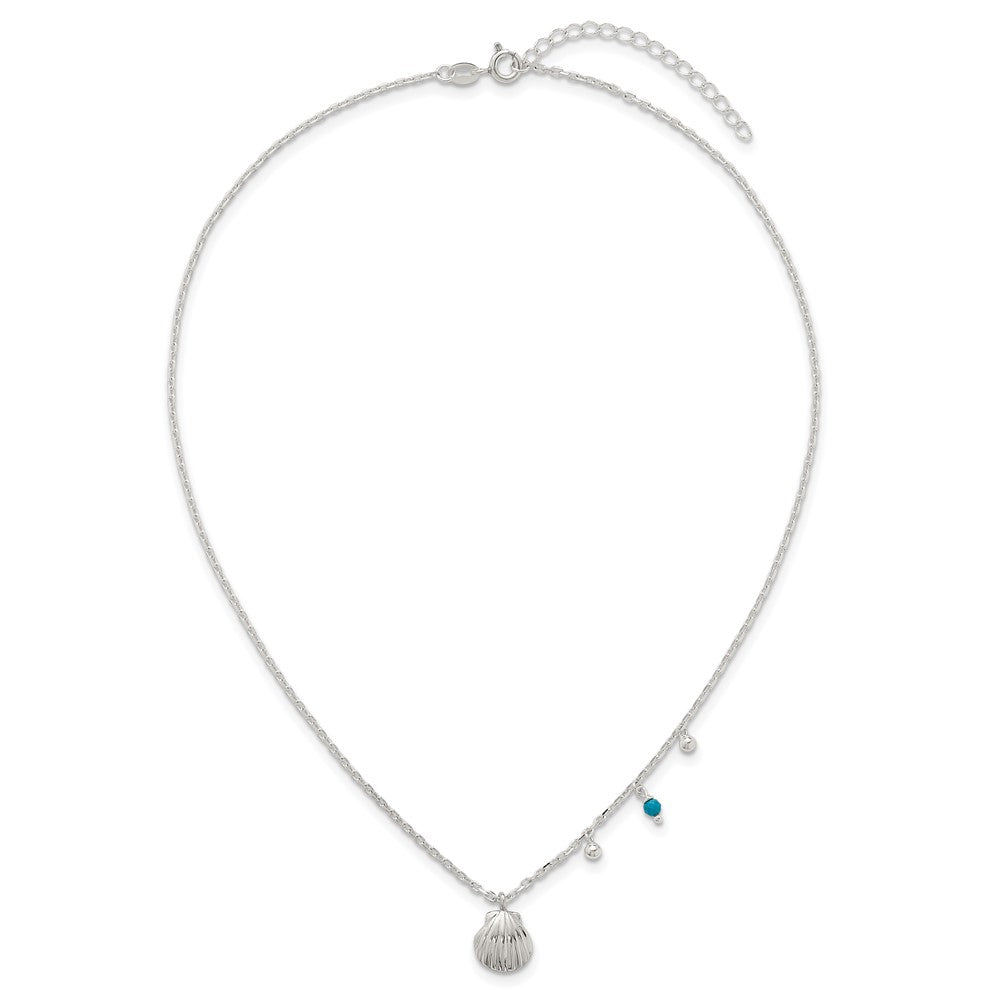 Sterling Silver Polished Beaded Turquoise and Grooved Seashell 16 inch with 2 inch Extension Necklace