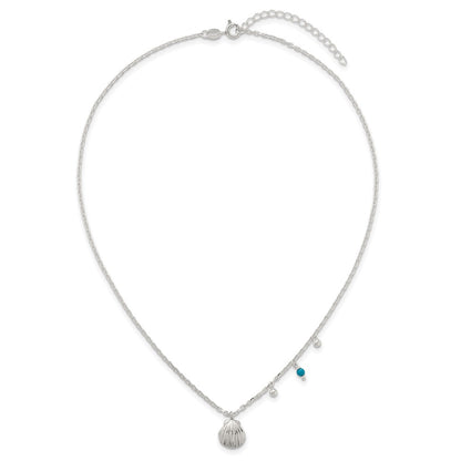 Sterling Silver Polished Beaded Turquoise and Grooved Seashell 16 inch with 2 inch Extension Necklace