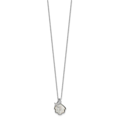 Sterling Silver Rhodium-plated Polished Mother of Pearl Shell and CZ Starfish 16 Inch with 2 Inch Extension Necklace