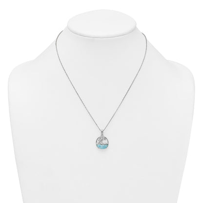 Sterling Silver Rhodium-plated Polished Larimar Beach Scene 16 Inch with 1.75 Inch Extension Necklace