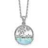 Sterling Silver Rhodium-plated Polished Larimar Beach Scene 16 Inch with 1.75 Inch Extension Necklace