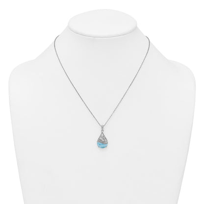 Sterling Silver Rhodium-plated Polished Larimar Dolphin Teardrop 16 Inch with 2 Inch Extension Necklace