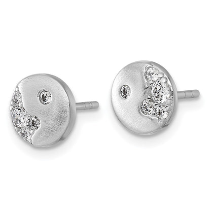 Sterling Silver Rhodium-plated Brushed CZ Circle Post Earrings