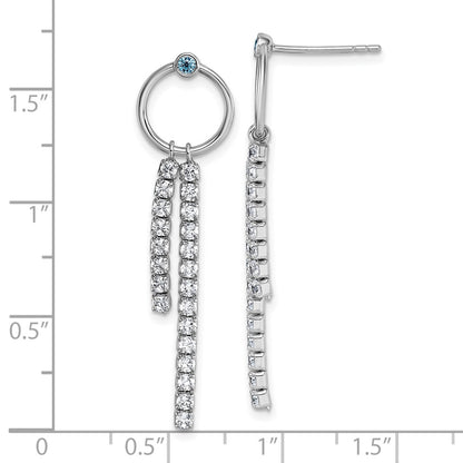 Sterling Silver Rhodium-plated Blue and White CZ Circle with 2 Drops Dangle Post Earrings