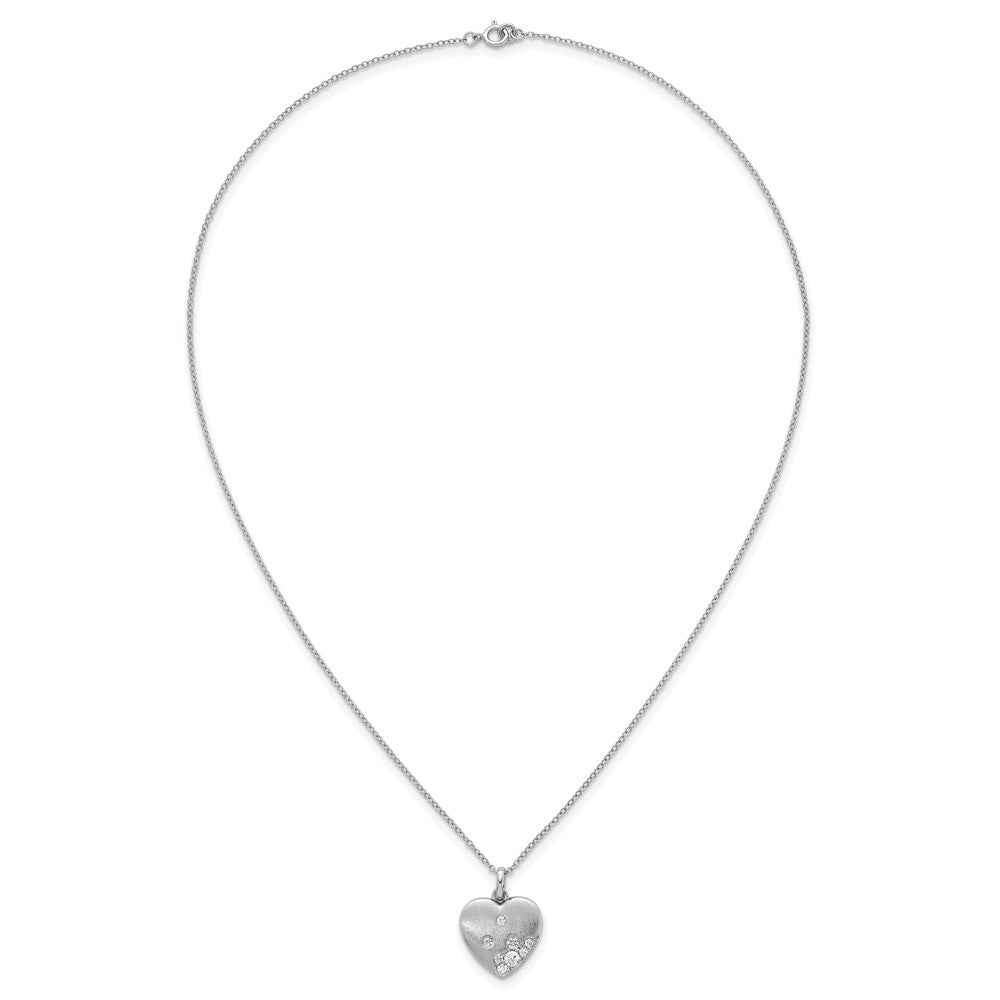 Sterling Silver Rhodium-plated Brushed CZ Heart 17.5 inch Necklace