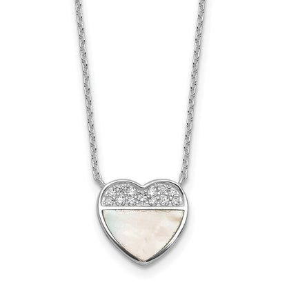 Sterling Silver Rhodium-plated Polished Mother of Pearl and CZ Heart 16 inch with 2 inch Extender Necklace