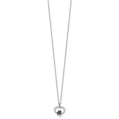 Sterling Silver Rhodium-plated Heart with Black Enameled Paw Print 16 inch with 1.5 inch Extension Necklace