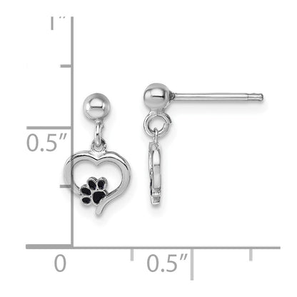 Sterling Silver Rhodium-plated Heart with Black Enameled Paw Print Post Dangle Earrings