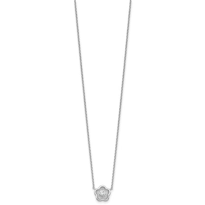 Sterling Silver Rhodium-plated Polished Textured CZ Flower 18 Inch Necklace