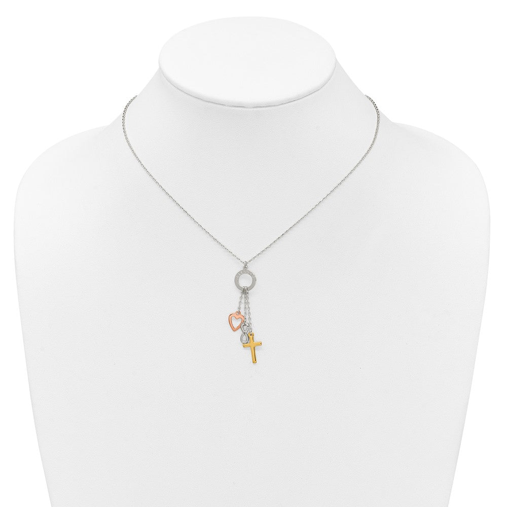 Sterling Silver Infinity and Gold-tone Cross and Rose-tone Heart BLESSED Circle 16 inch Necklace