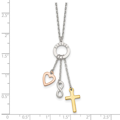 Sterling Silver Infinity and Gold-tone Cross and Rose-tone Heart BLESSED Circle 16 inch Necklace