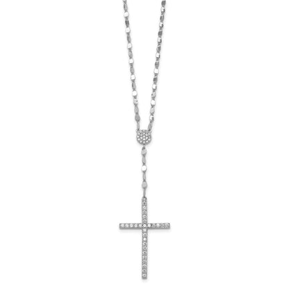 Sterling Silver Rhodium-plated Polished Fancy CZ Latin Cross 16 Inch with 2 Inch Extension Necklace