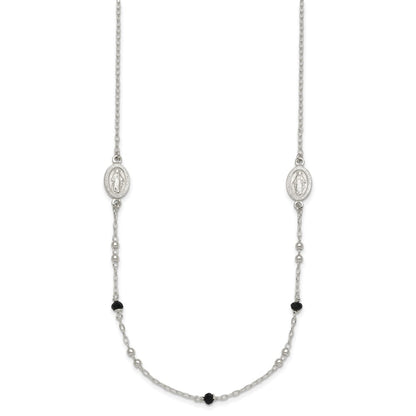 Sterling Silver Polished Textured Spanish Miraculous Medals with Black Glass Beads 16 inch Necklace