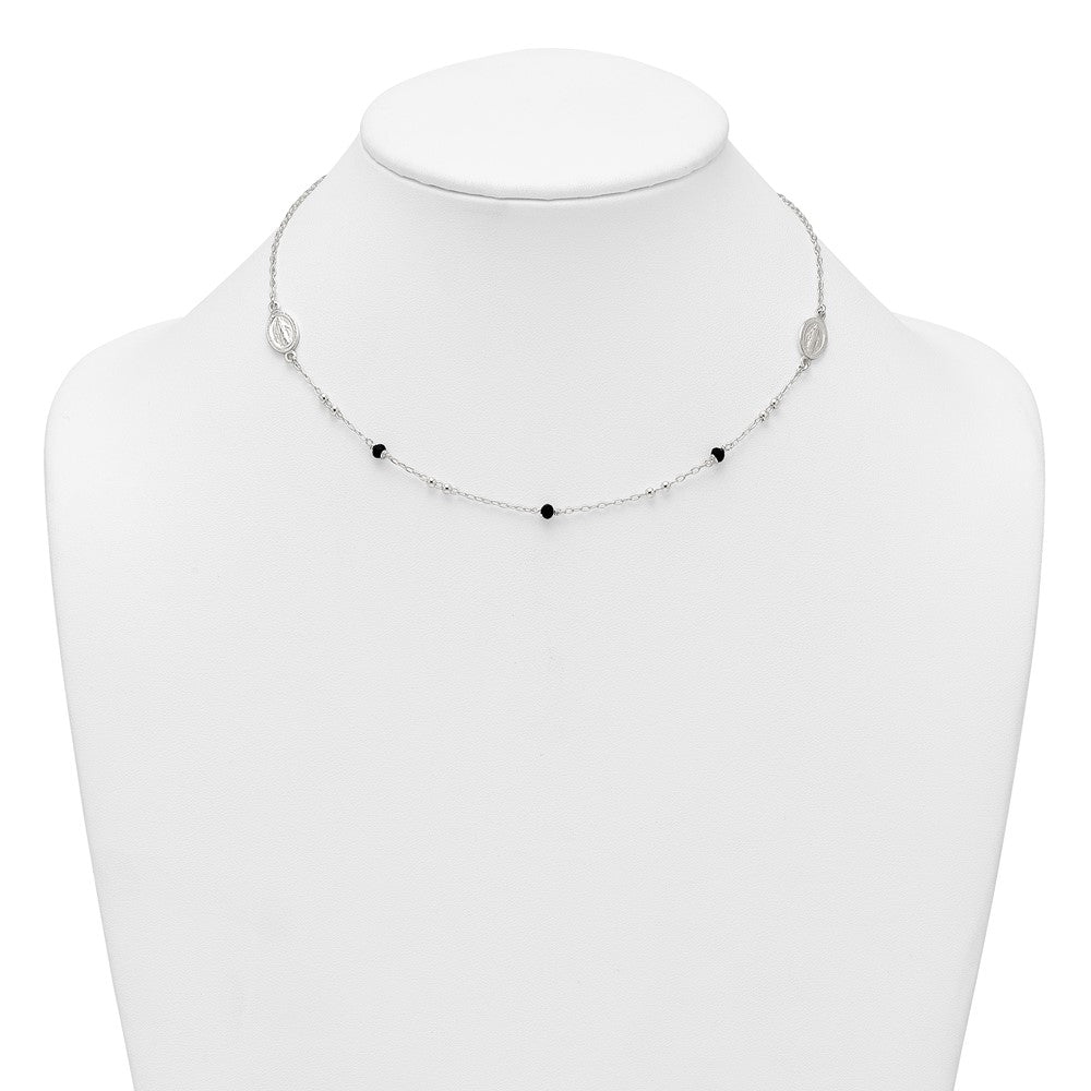 Sterling Silver Polished Textured Spanish Miraculous Medals with Black Glass Beads 16 inch Necklace