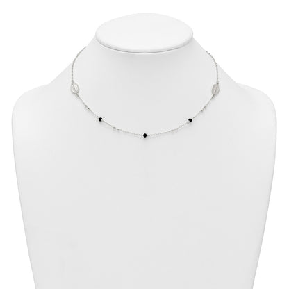 Sterling Silver Polished Textured Spanish Miraculous Medals with Black Glass Beads 16 inch Necklace