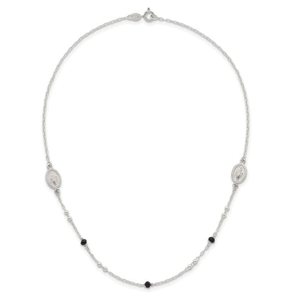 Sterling Silver Polished Textured Spanish Miraculous Medals with Black Glass Beads 16 inch Necklace