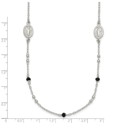 Sterling Silver Polished Textured Spanish Miraculous Medals with Black Glass Beads 16 inch Necklace