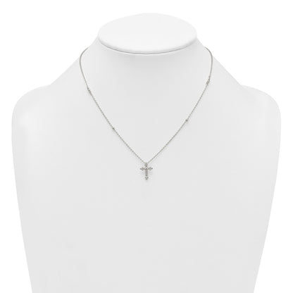 Sterling Silver Polished and Beaded White CZ Budded Cross 16.5 inch with 1 inch Extension Necklace