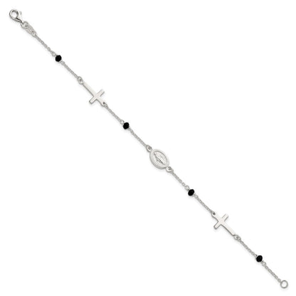 Sterling Silver Polished Spanish Miraculous Medal and Crosses with Black Glass Beads 7.5 inch Bracelet