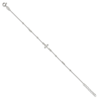 Sterling Silver Polished and Beaded White CZ Budded Cross 7 inch with 1 inch Extension Bracelet
