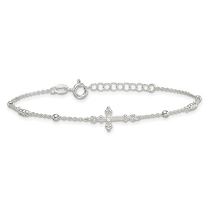 Sterling Silver Polished and Beaded White CZ Budded Cross 7 inch with 1 inch Extension Bracelet