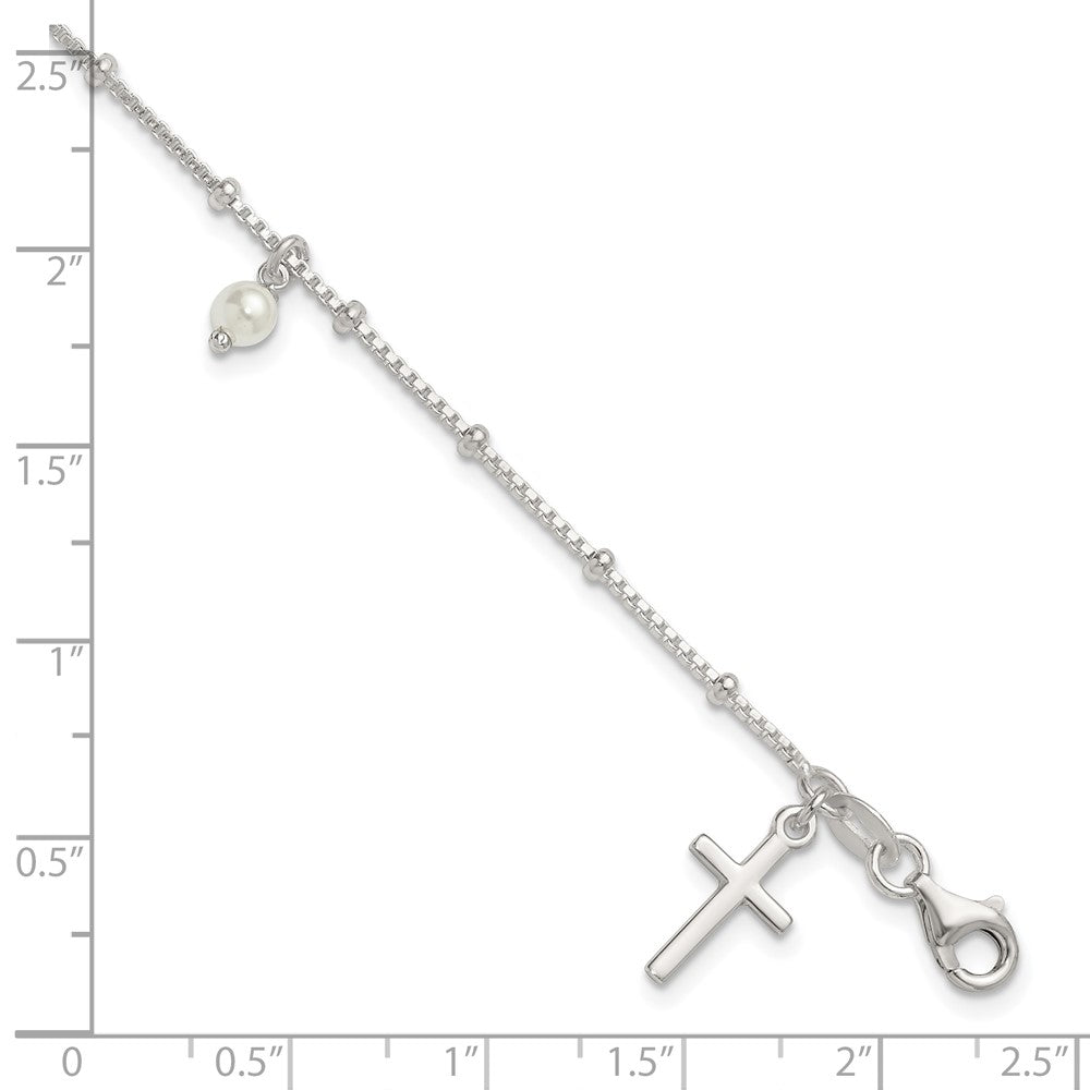 Sterling Silver Polished and Beaded with Glass Pearls and Cross Charm 7.5 inch Bracelet