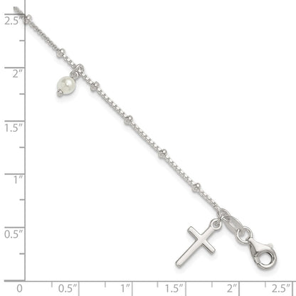 Sterling Silver Polished and Beaded with Glass Pearls and Cross Charm 7.5 inch Bracelet