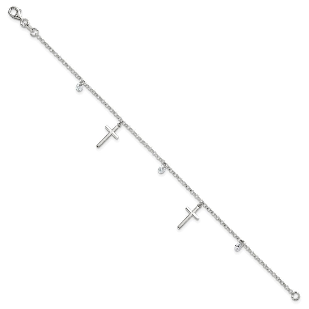 Sterling Silver Polished White CZ Dangles and Cross Charm 7.5 inch Bracelet