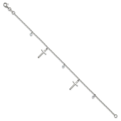 Sterling Silver Polished White CZ Dangles and Cross Charm 7.5 inch Bracelet