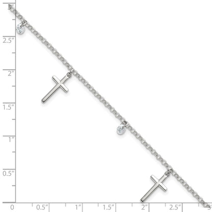 Sterling Silver Polished White CZ Dangles and Cross Charm 7.5 inch Bracelet