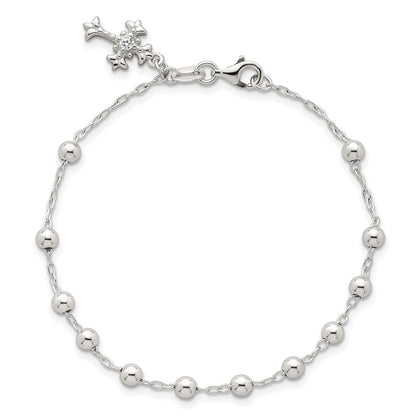 Sterling Silver Polished Beaded with White CZ Fleur de Lis Cross Charm 7.5 inch Bracelet