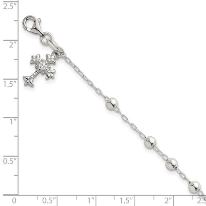 Sterling Silver Polished Beaded with White CZ Fleur de Lis Cross Charm 7.5 inch Bracelet