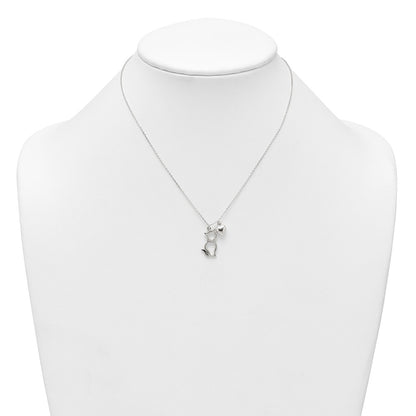 Sterling Silver Polished Cat Silhouette and Puffed Heart Charm 16 inch Necklace